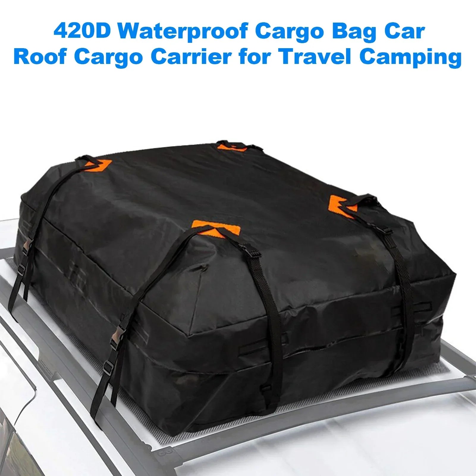 Black waterproof 425L car roof cargo bag strapped to vehicle for travel and outdoor storage — view 4