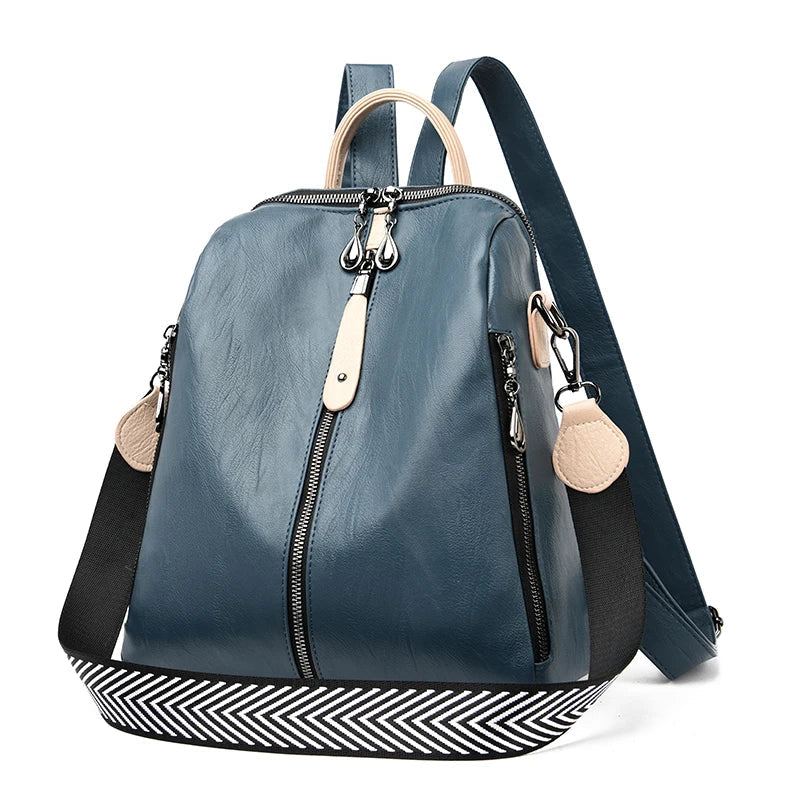 Womens blue soft PU leather fashion backpack rucksack with zipper closure and adjustable shoulder straps