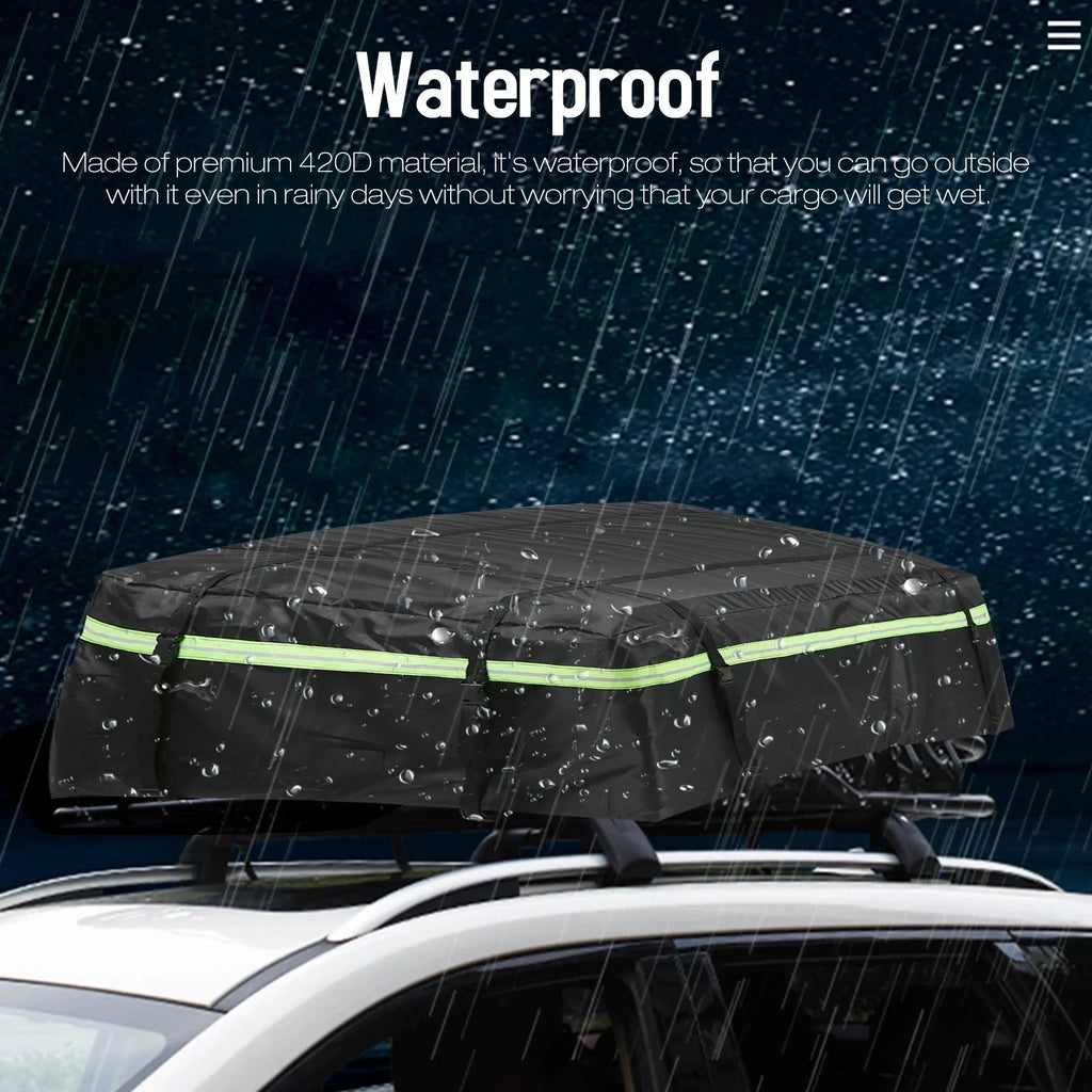 Black waterproof car roof cargo bag strapped to vehicle rooftop with reflective safety strips — view 4
