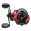 Red right-handed baitcasting fishing reel with CNC aluminum spool and ergonomic black rubber knobs