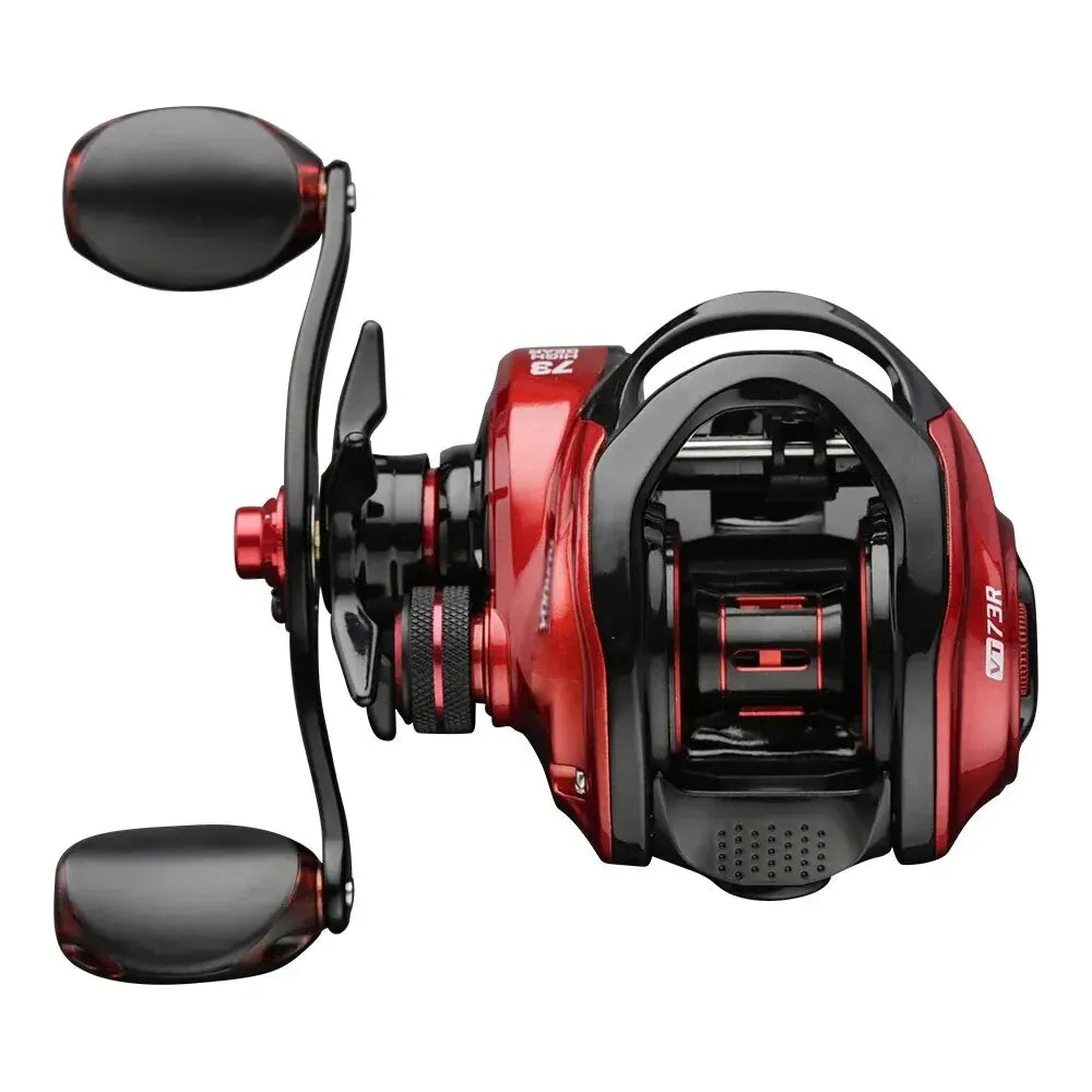 Red right-handed baitcasting fishing reel with CNC aluminum spool and ergonomic black rubber knobs