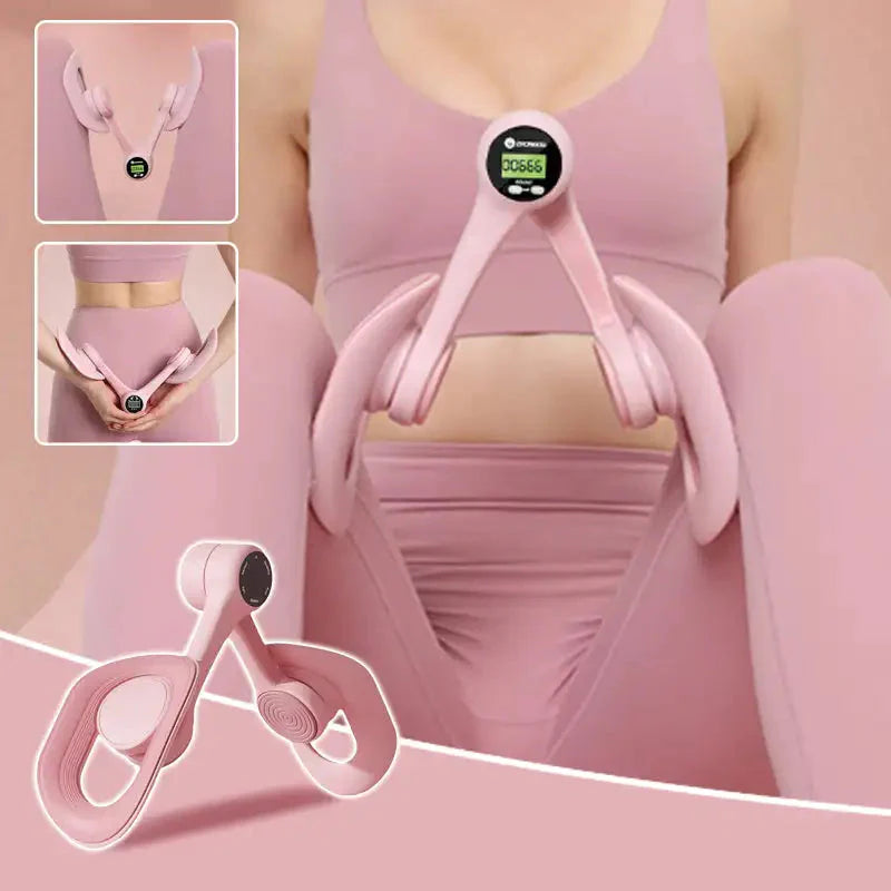 Pink pelvic floor and thigh exerciser with digital counter and ergonomic anti-slip pads for home workouts