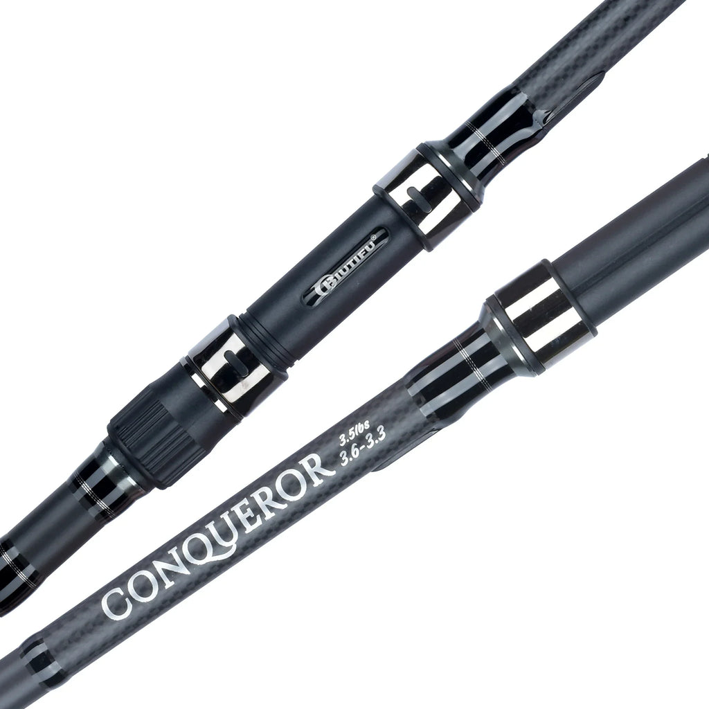 Grey 4.2m carbon fiber carp fishing rod with black non-slip grip and gunmetal guide rings — view 4