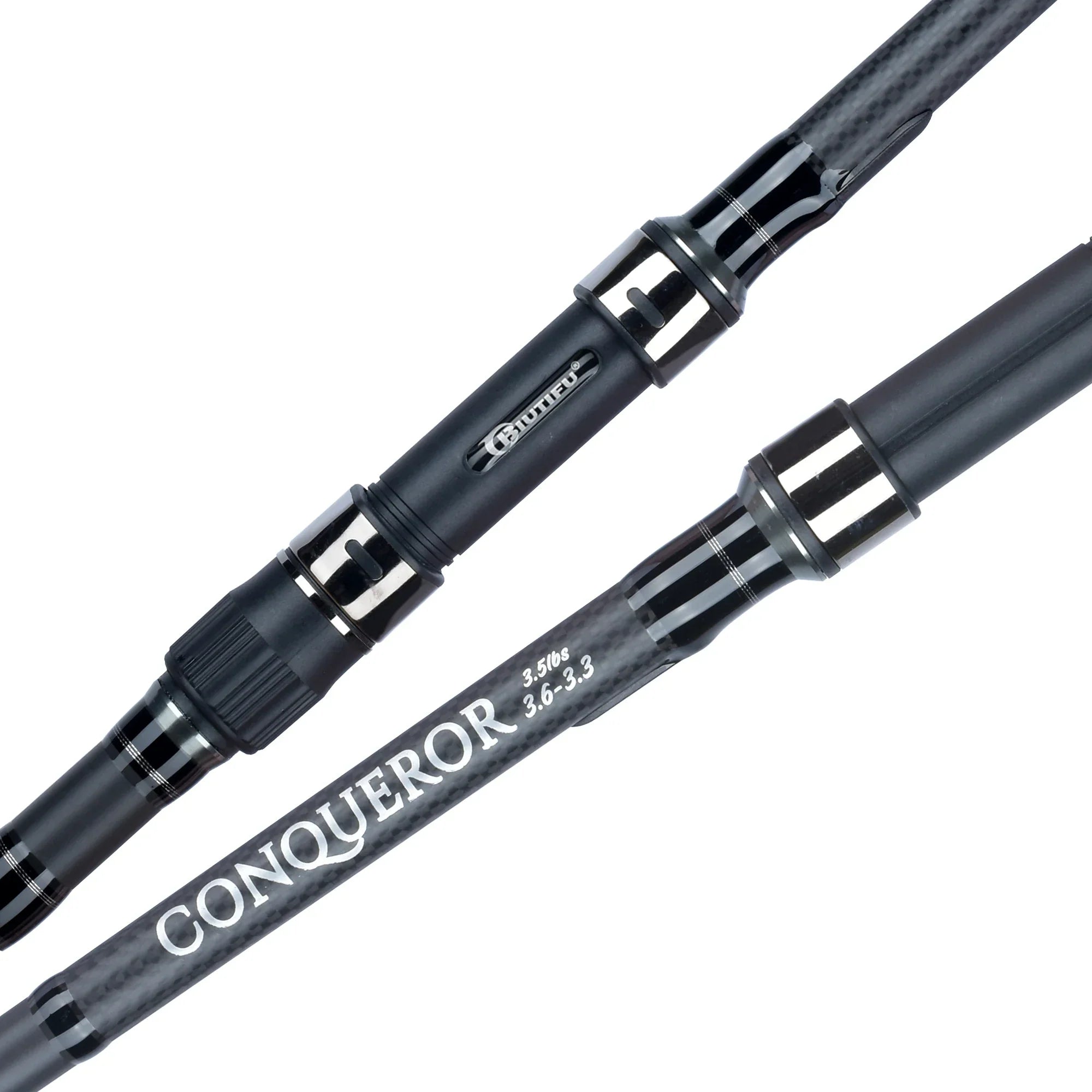Grey 4.2m carbon fiber carp fishing rod with black non-slip grip and gunmetal guide rings — view 4