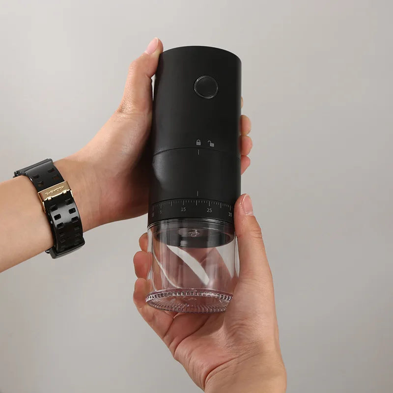 Portable black electric coffee grinder with ceramic burrs and USB-C charging cable — view 5