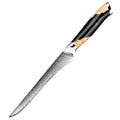 Black 6-inch Damascus steel utility knife with a curved, wave-patterned blade for precision slicing.