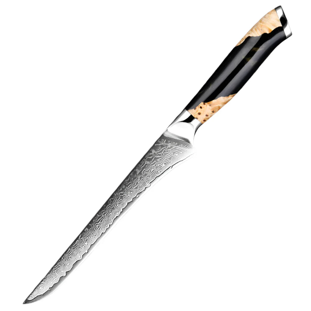 Black 6-inch Damascus steel utility knife with a curved, wave-patterned blade for precision slicing.
