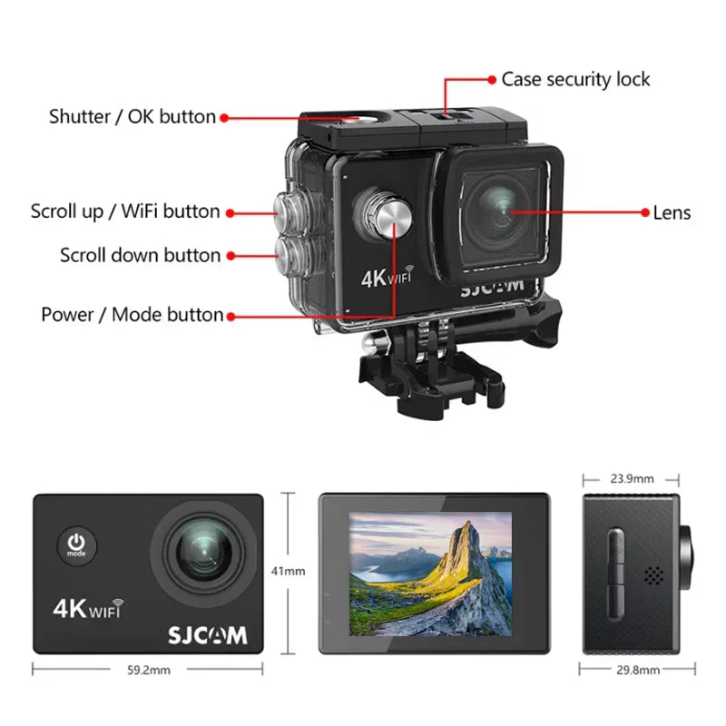 Black 4K Ultra HD action camera inside a clear 30-meter waterproof protective housing — view 3