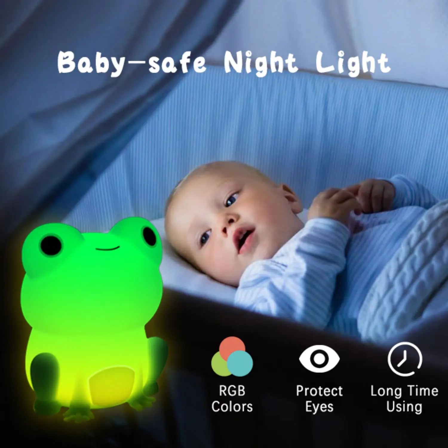 Soft silicone frog shaped sleeping night light glowing in a child's bedroom or nursery — view 4