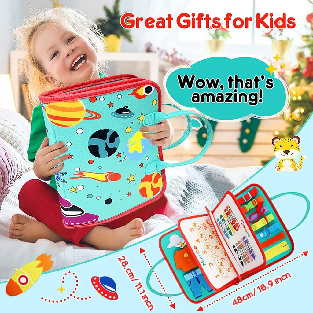 Montessori toddler busy board sensory toy with colorful educational buckles buttons and zippers for travel — view 2