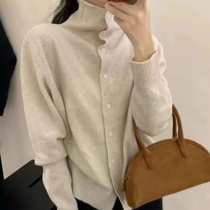Women's French style 100 percent pure cashmere high neck button down cardigan sweater — view 4