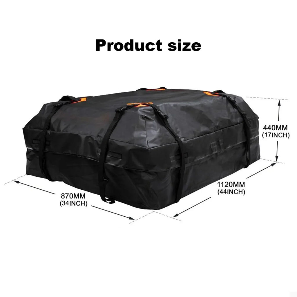 Black waterproof 425L car roof cargo bag strapped to vehicle for travel and outdoor storage — view 2