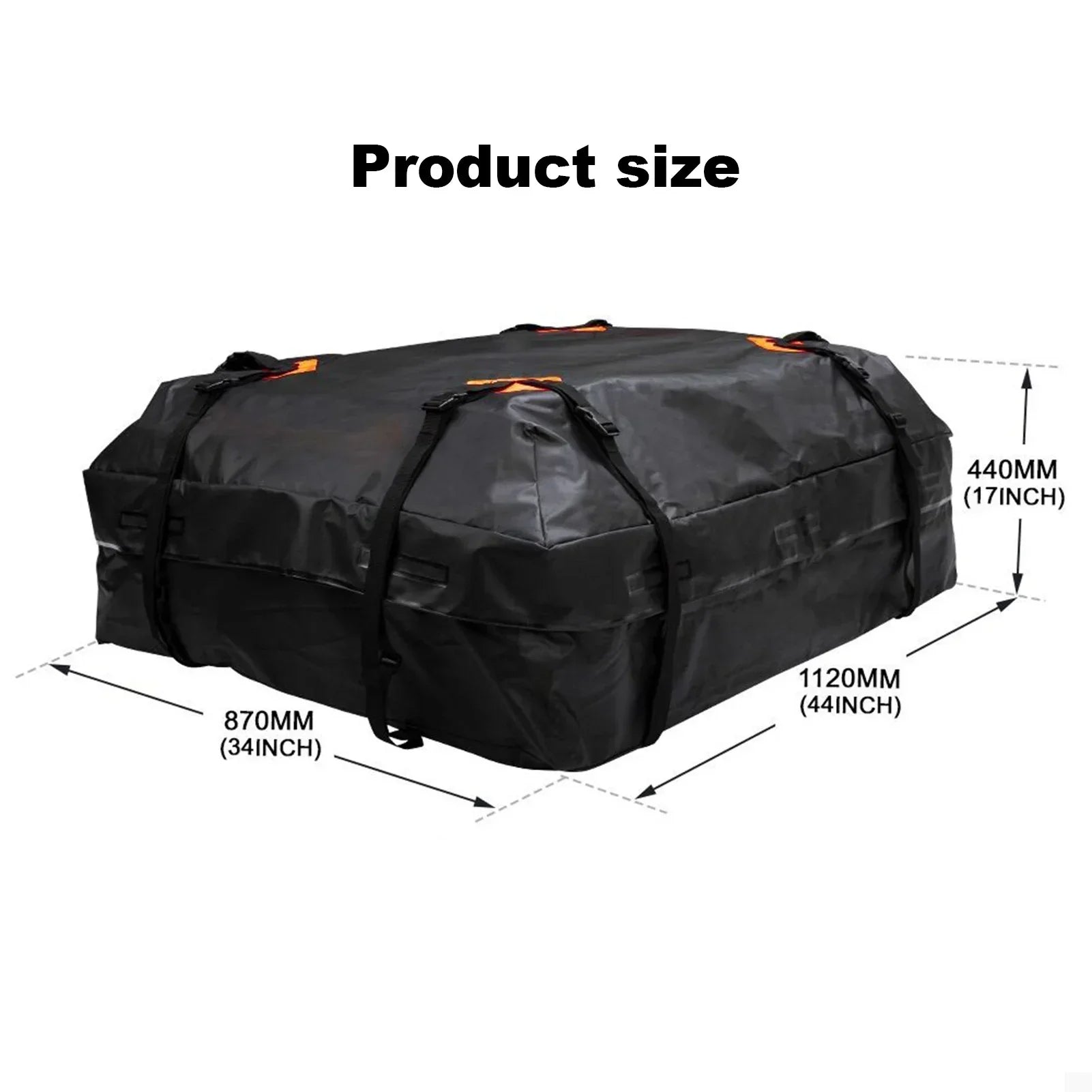 Black waterproof 425L car roof cargo bag strapped to vehicle for travel and outdoor storage — view 2