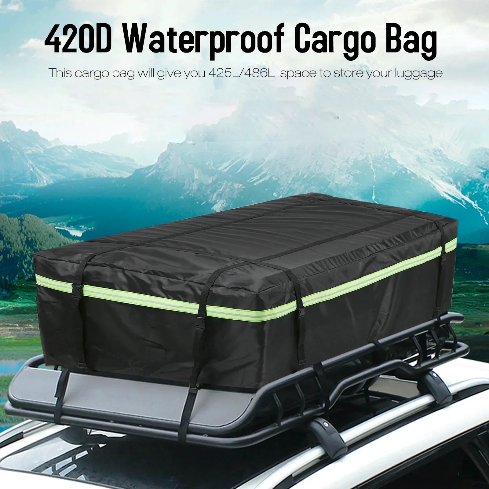 Black waterproof car roof cargo bag strapped to vehicle rooftop with reflective safety strips — view 3