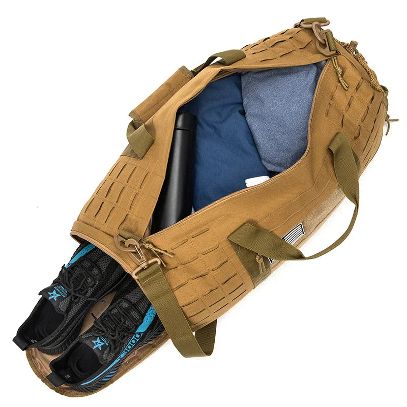 Khaki 40L tactical gym duffle bag with adjustable shoulder strap and durable fabric construction — view 4