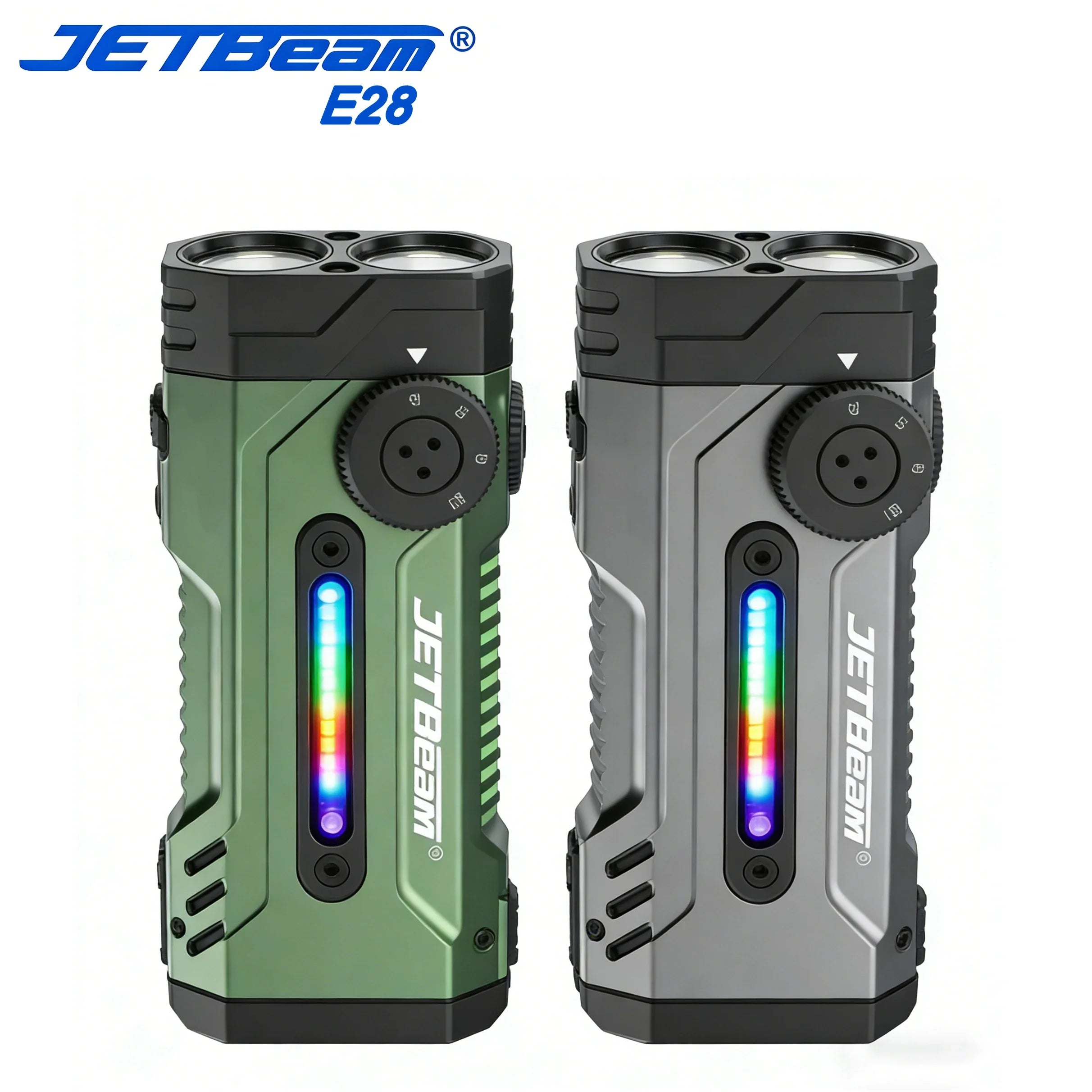 Jetbeam E28 multi-mode flat tactical flashlight in black aluminum with dual switch interface