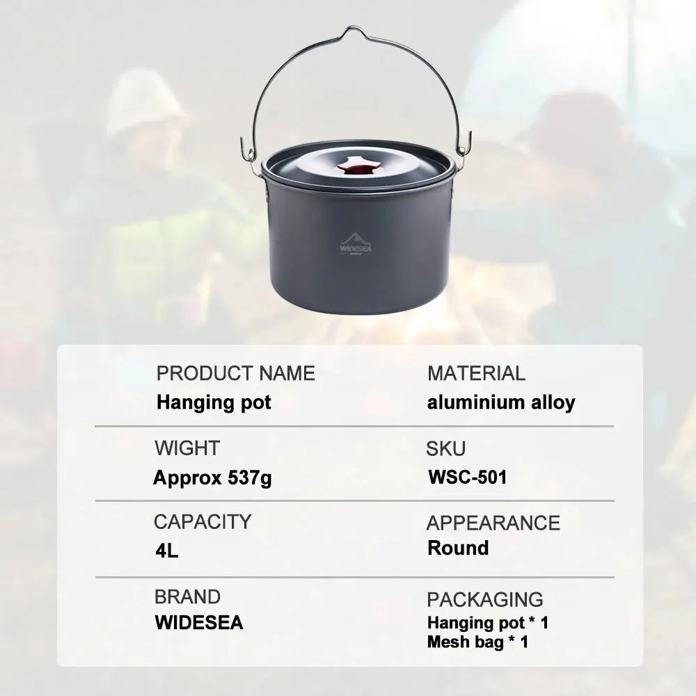 Large metallic 4L camping hanging pot with sturdy handle for outdoor campfire cooking and wilderness meals — view 3