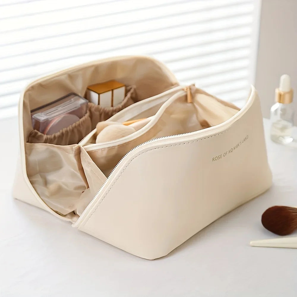 Luxury PU leather makeup bag cosmetic organizer pouch with a secure zipper closure for travel.