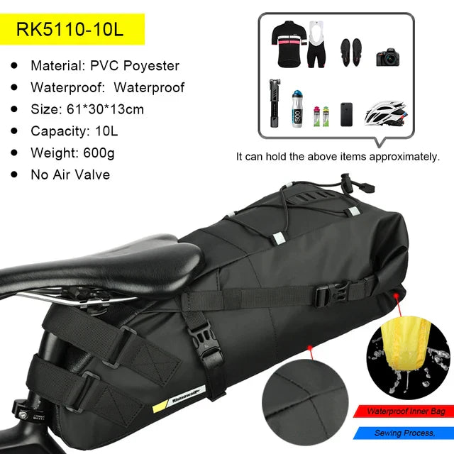 Black 10L waterproof bike saddle bag attached to a bicycle seatpost for rear storage — view 2