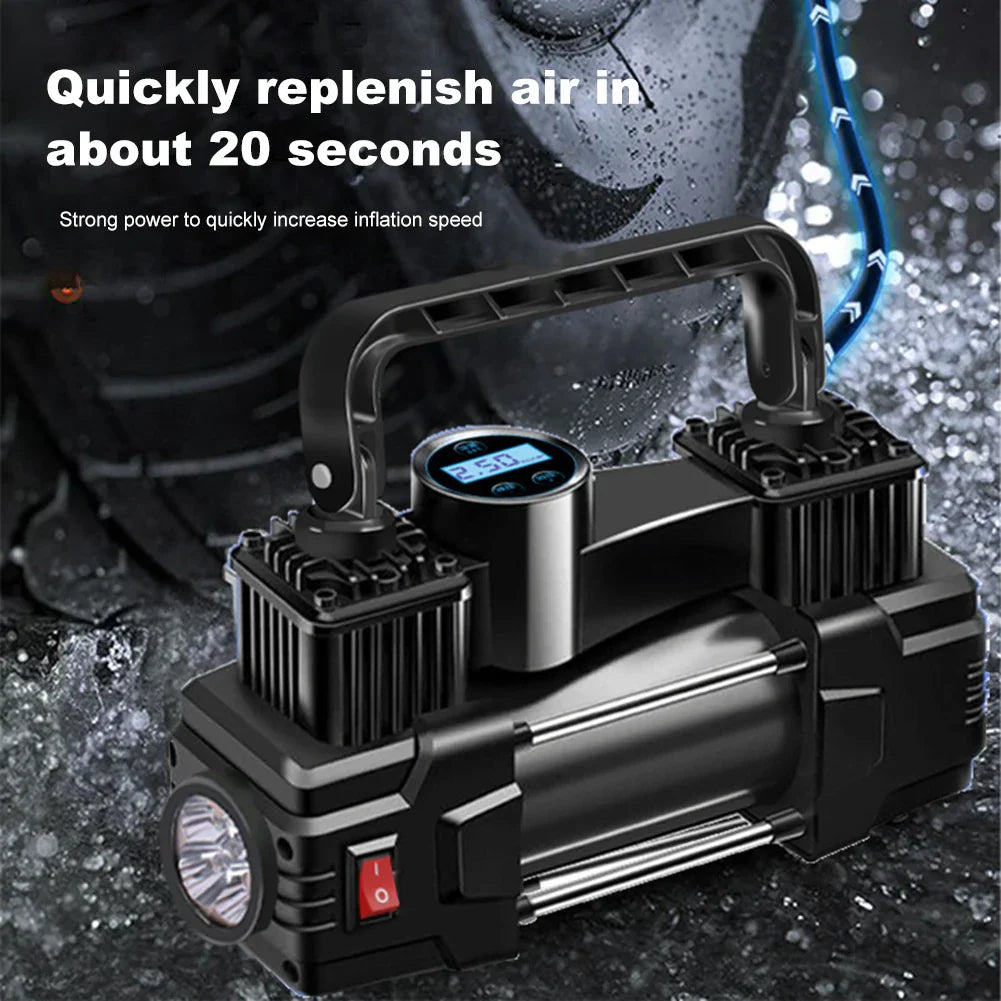 Black 12V heavy duty dual cylinder air compressor tire inflator with digital gauge and hose — view 5