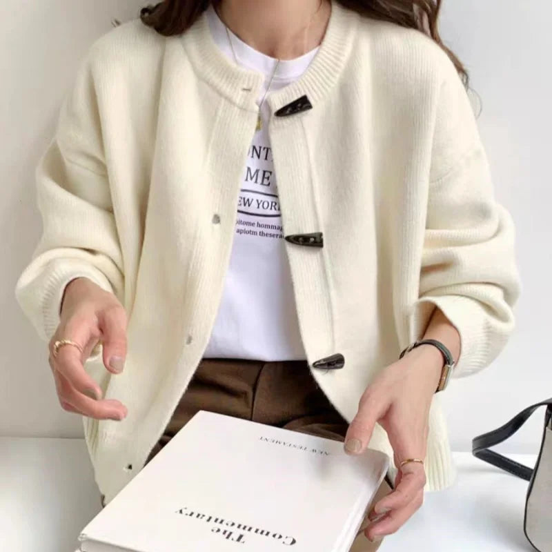 Women's thick wool crew neck button up knitted cardigan sweater in solid color — view 4