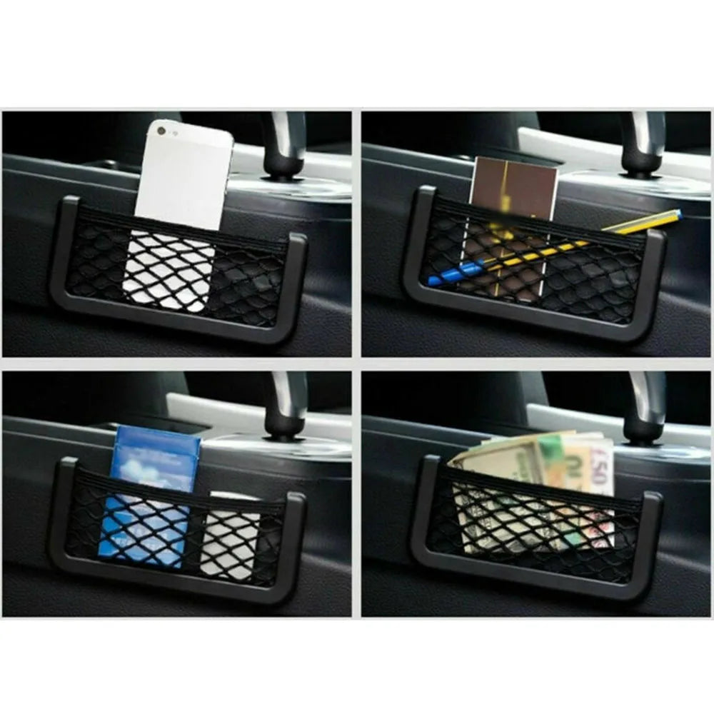 Universal car seat organizer mesh net pocket set in black with three adhesive pieces — view 5