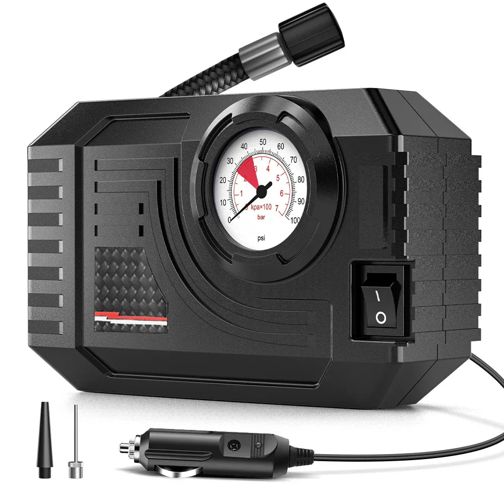 Black portable mini electric tire inflator and air pump for cars and bicycles