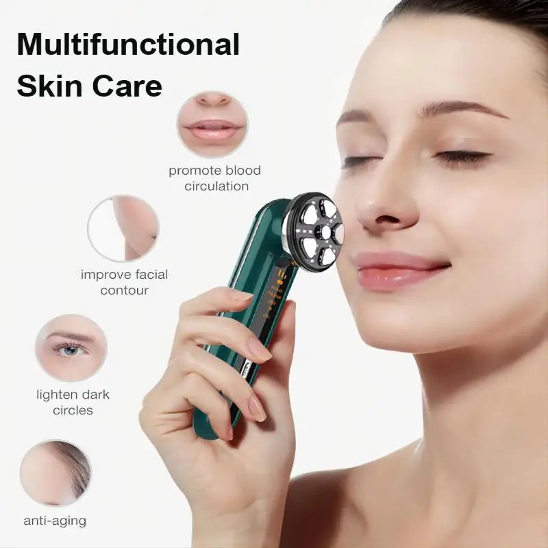 Green 5-in-1 EMS LED facial device with vibration massager for anti-aging skin therapy and rejuvenation — view 3