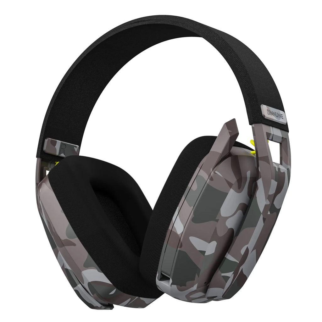 Camouflage wireless gaming headset with built-in microphone and plush breathable fabric over-ear cushions