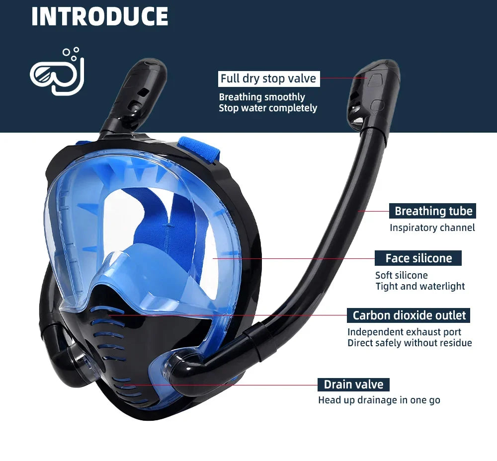 180 degree panoramic snorkeling mask with silicone dry top and built in camera mount — view 2