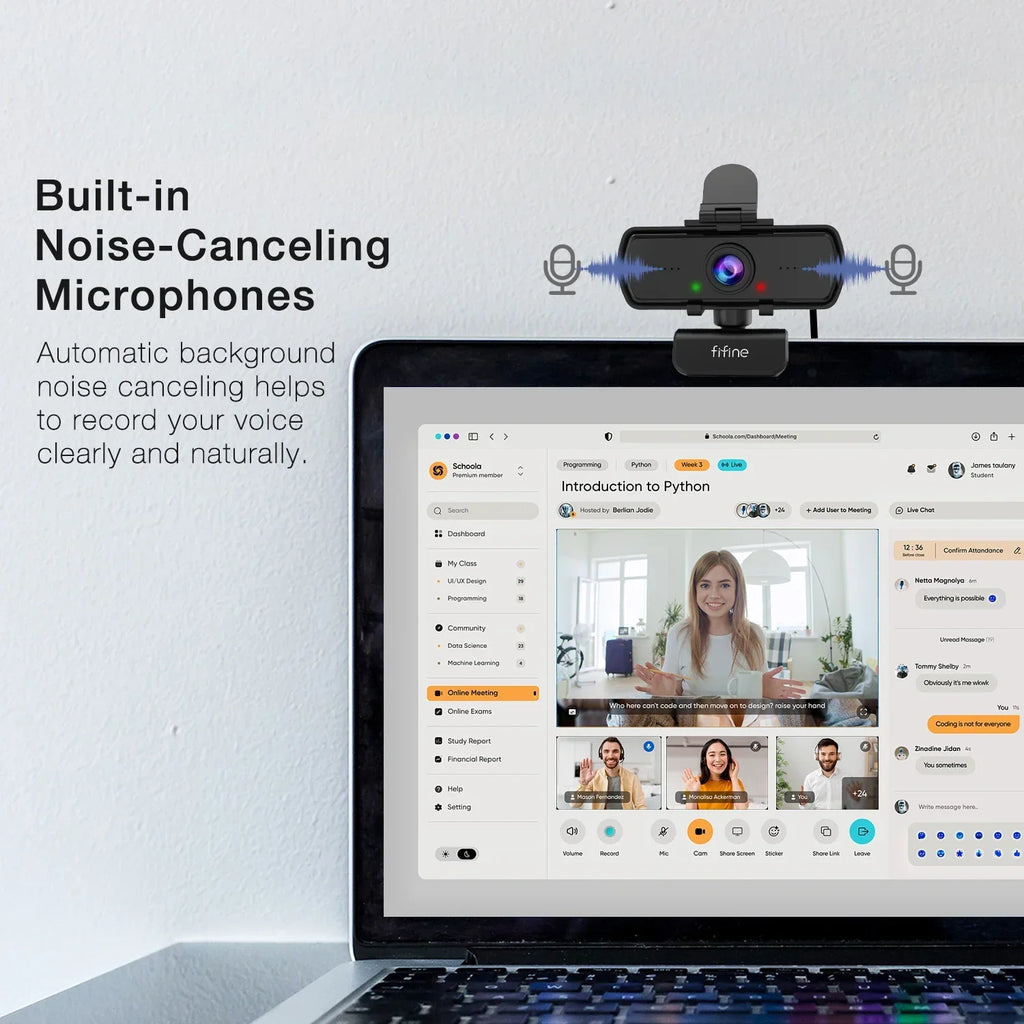 Black 1440p Full HD USB webcam attached to a small adjustable desktop tripod with cable — view 3