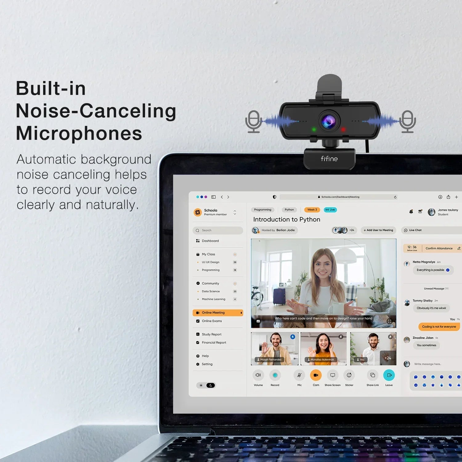 Black 1440p Full HD USB webcam attached to a small adjustable desktop tripod with cable — view 3