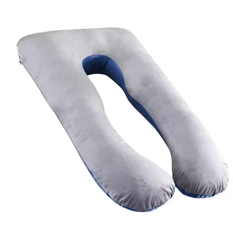 Grey pure cotton U-shaped pregnancy pillow providing full body maternity support for side sleepers
