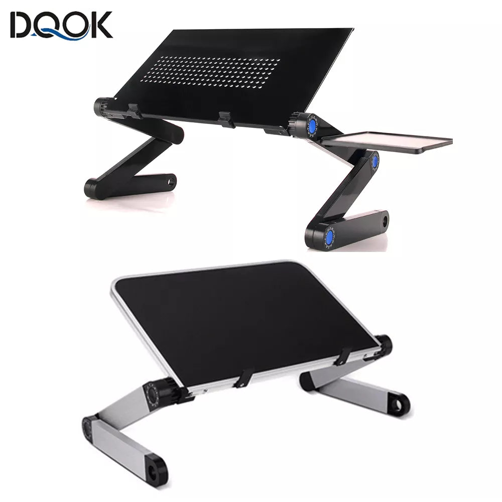 Adjustable aluminum laptop stand with an integrated mouse pad, set up as an ergonomic portable lapdesk — view 2