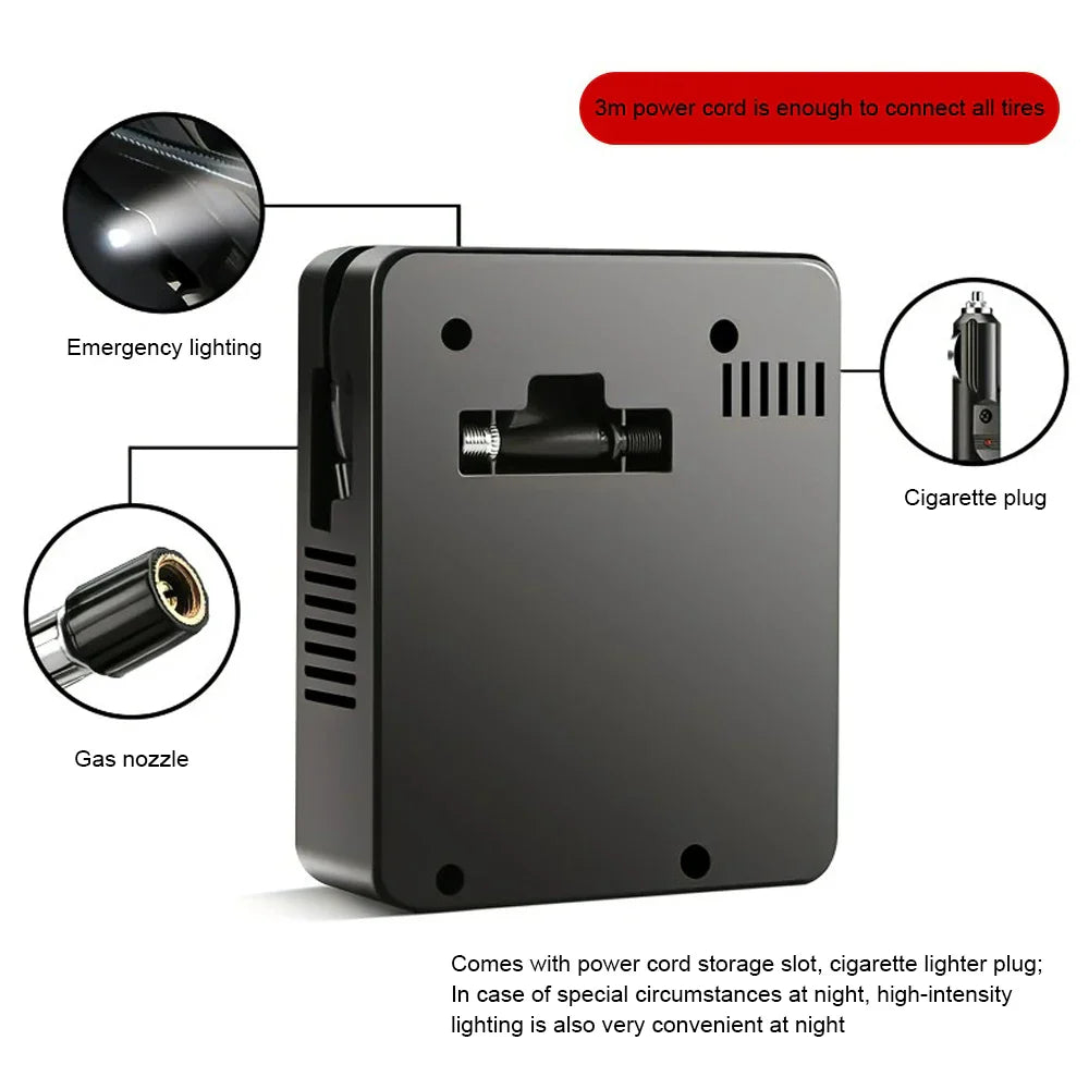 Black portable 12V tire inflator mini air compressor with LED flashlight and cigarette lighter plug — view 5