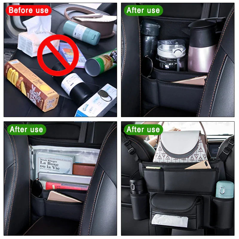 Black leather car seat storage bag hanging between front seats holding a handbag — view 5