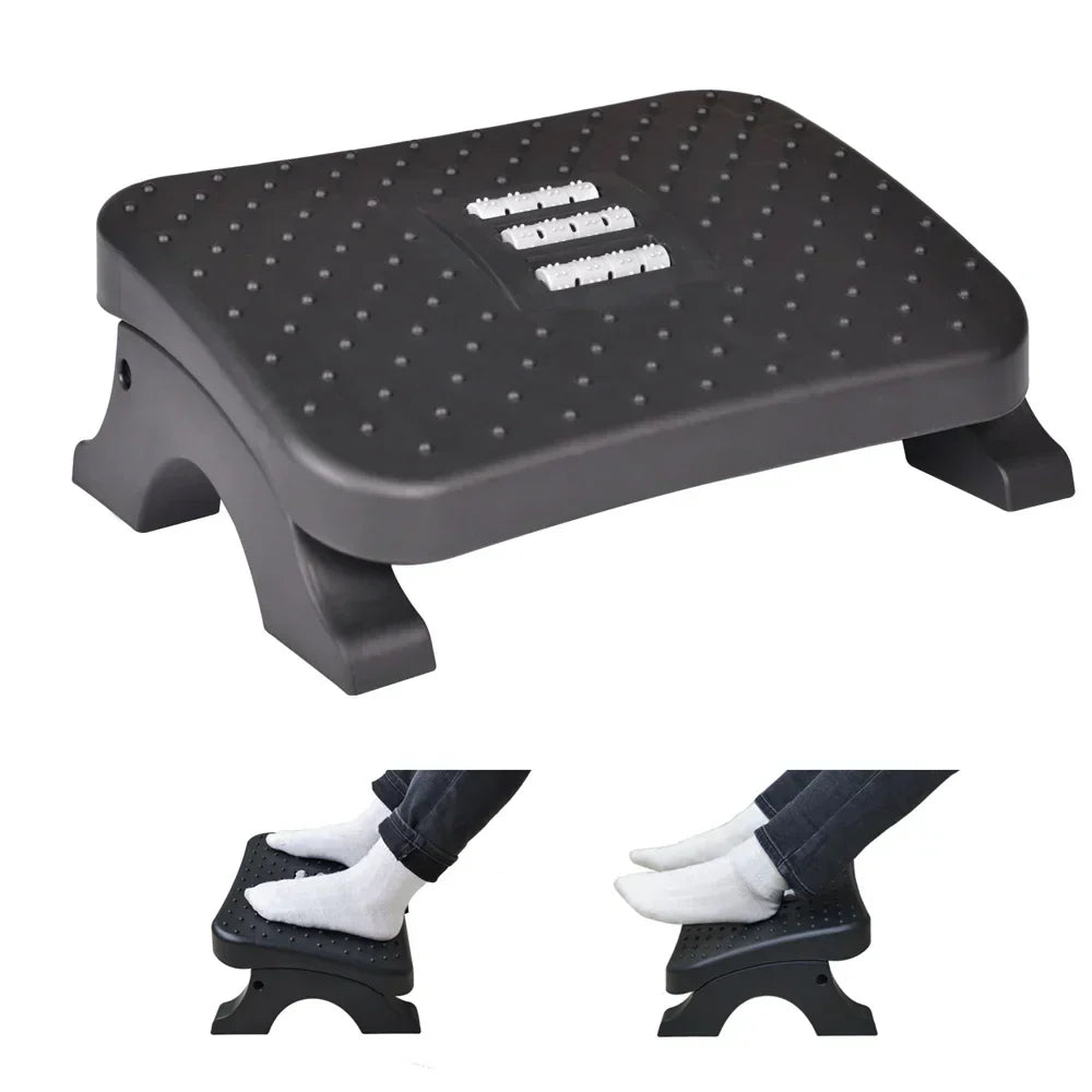 Ergonomic under desk footrest featuring textured massage rollers and angled posture support for office workspaces