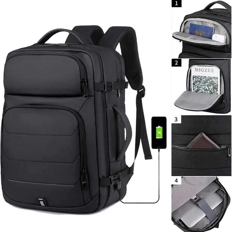 Black expandable 17-inch laptop backpack featuring waterproof fabric, multiple pockets, and adjustable padded shoulder straps — view 2