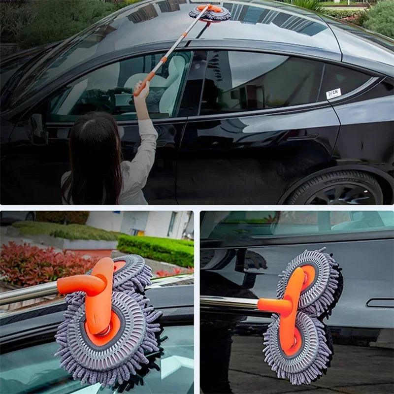 Orange telescopic car wash mop with 360-degree double rotating chenille microfiber brush head — view 5