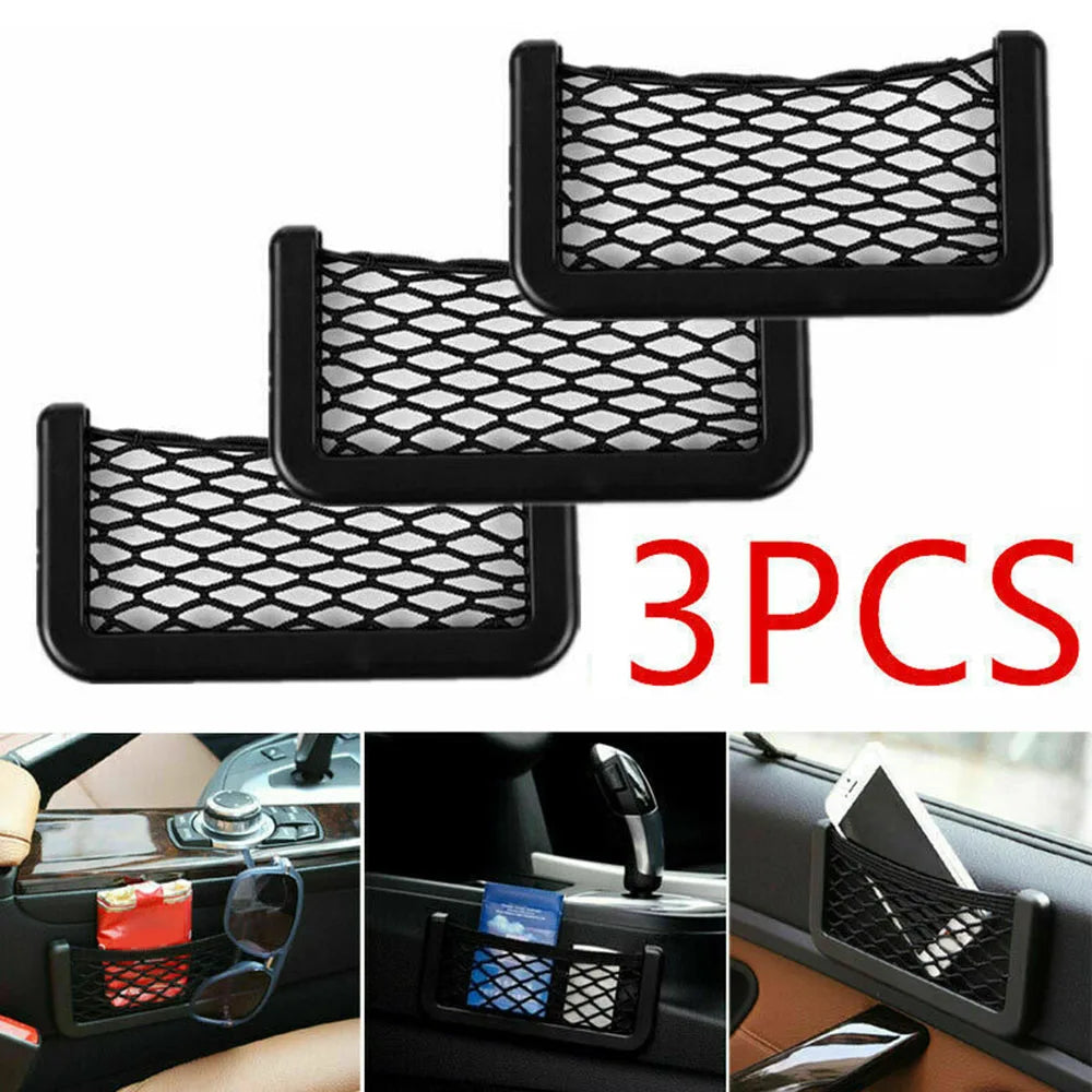 Universal car seat organizer mesh net pocket set in black with three adhesive pieces — view 2