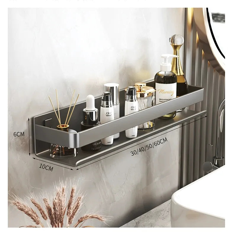 Contemporary gray aluminum wall-mounted bathroom corner shelf organizer holding bath essentials — view 2