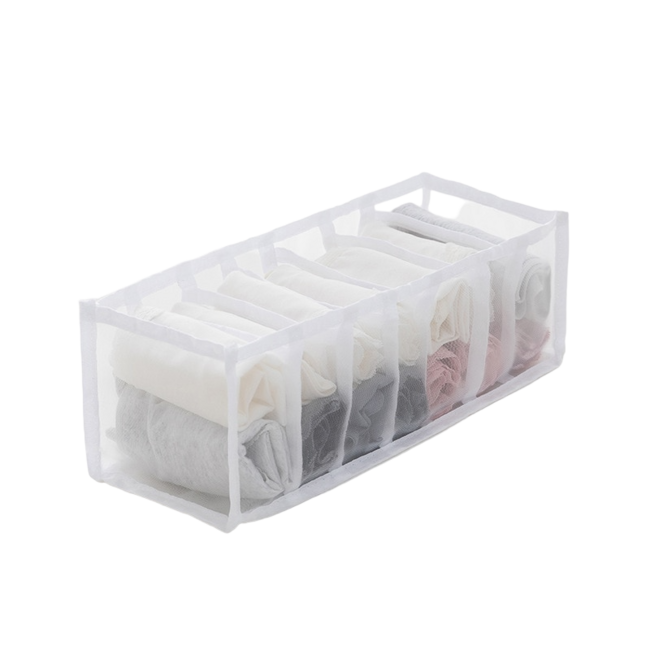 Jeans compartment storage box made of transparent nylon mesh organizing folded denim and clothing