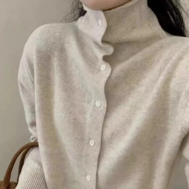 Women's French style 100 percent pure cashmere high neck button down cardigan sweater — view 2