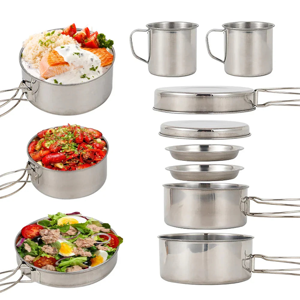 8-piece camping cookware set in silver stainless steel featuring pots pan plates and cups nested together — view 2