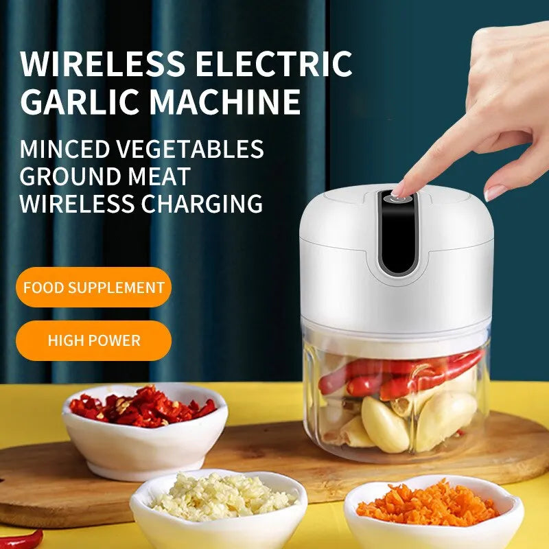White electric mini food chopper and garlic masher with stainless steel blades — view 2