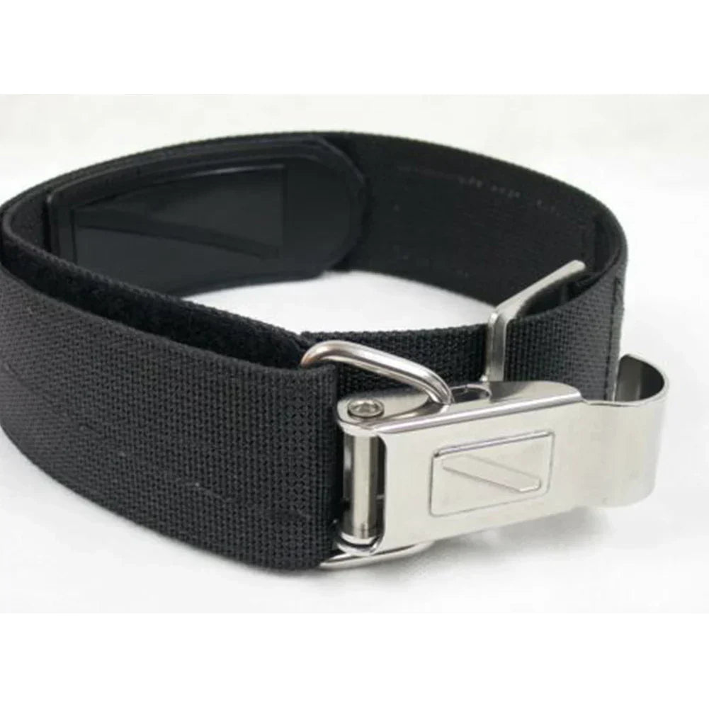 Black nylon scuba diving tank band with stainless steel quick release buckle and anti-slip pad — view 2
