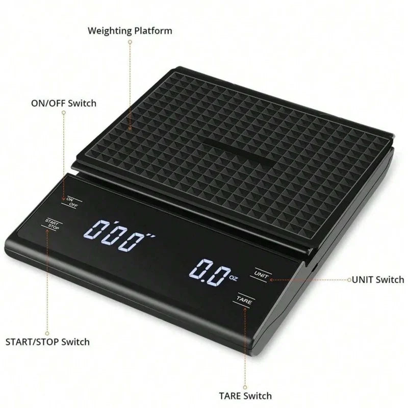 Auto timer coffee scale with bright digital LED display and scratch resistant black frosted finish — view 3