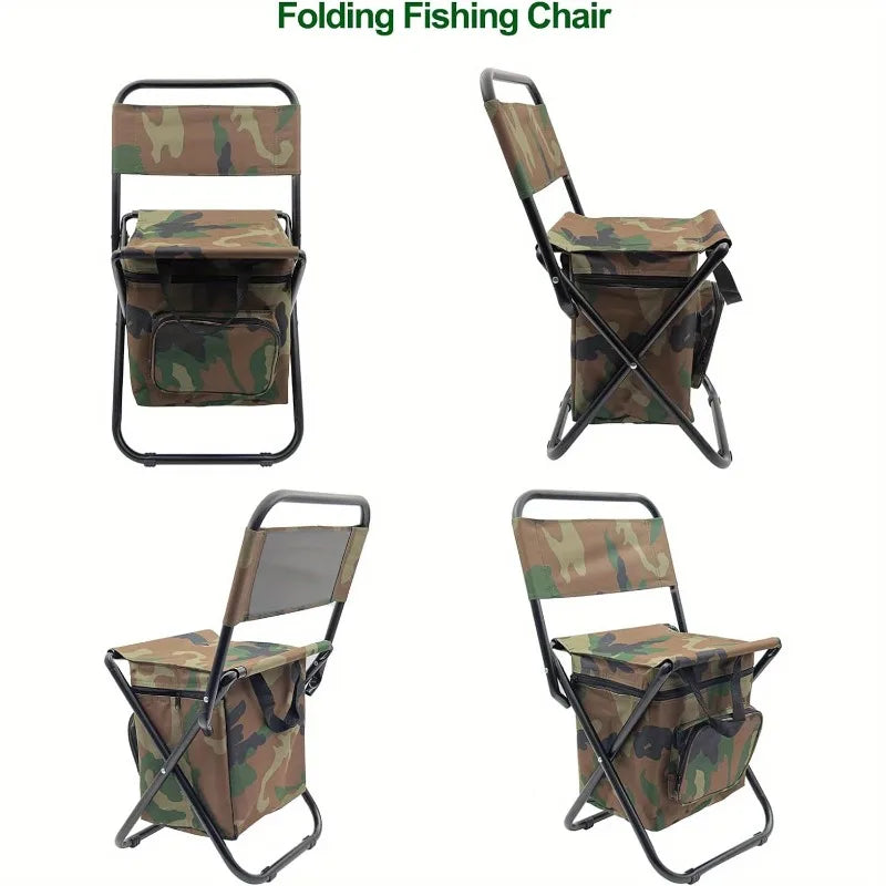 Foldable camping chair in durable fabric with built in zip up cooler bag attached below seat — view 2