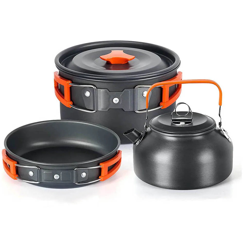 Outdoor camping cookware set in aluminum with orange foldable handles including pot pan and teapot