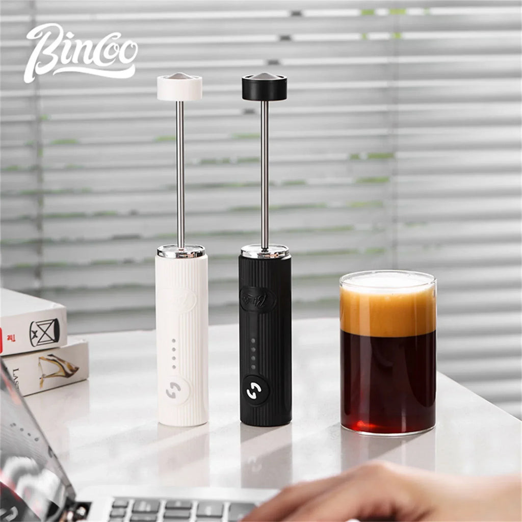Black wireless electric milk frother with stainless steel whisk head and ergonomic handle — view 2